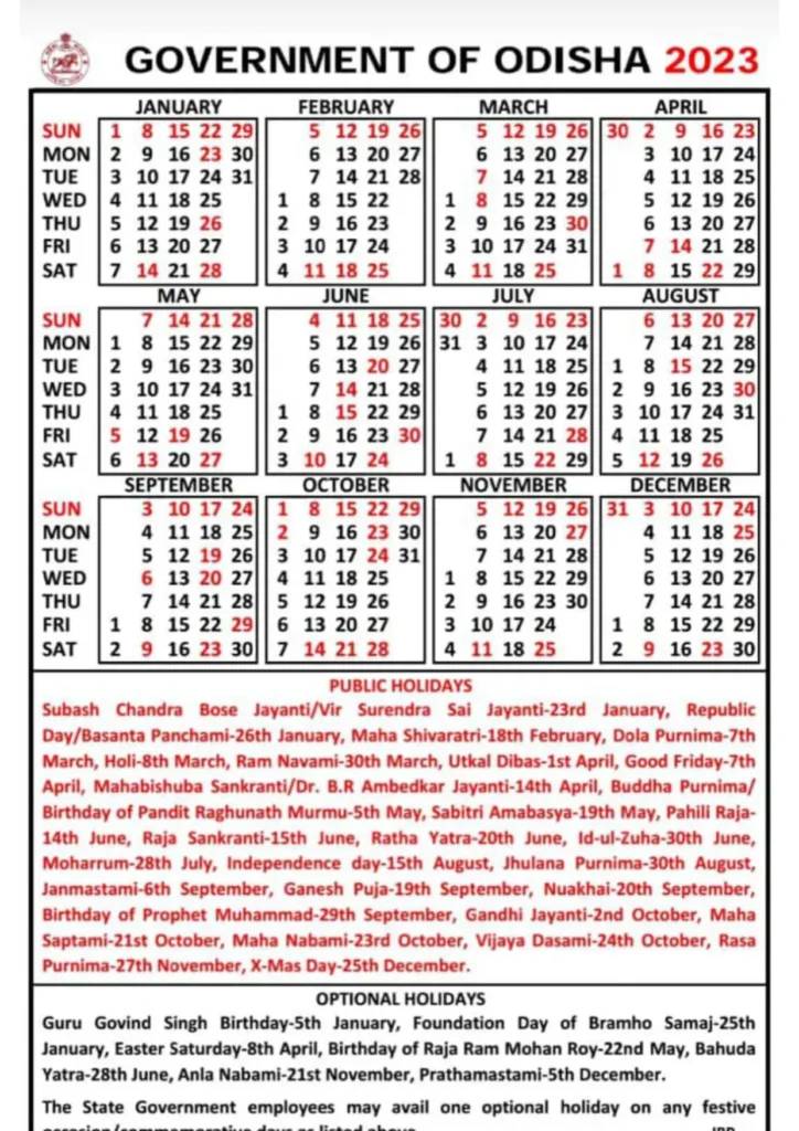 govt of odisha calendar 2023